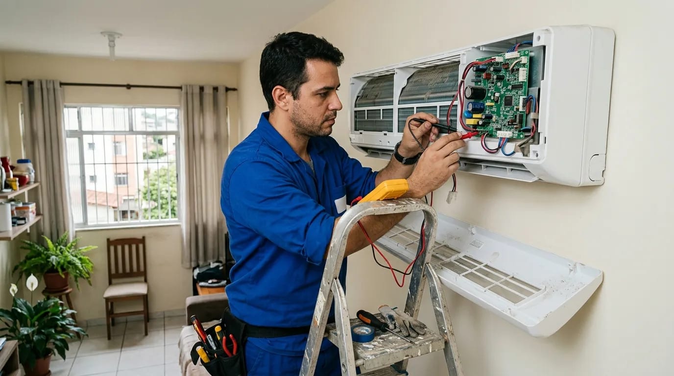 Eletricista ligando a placa do ar-condicionado split em Cascavel‑PR